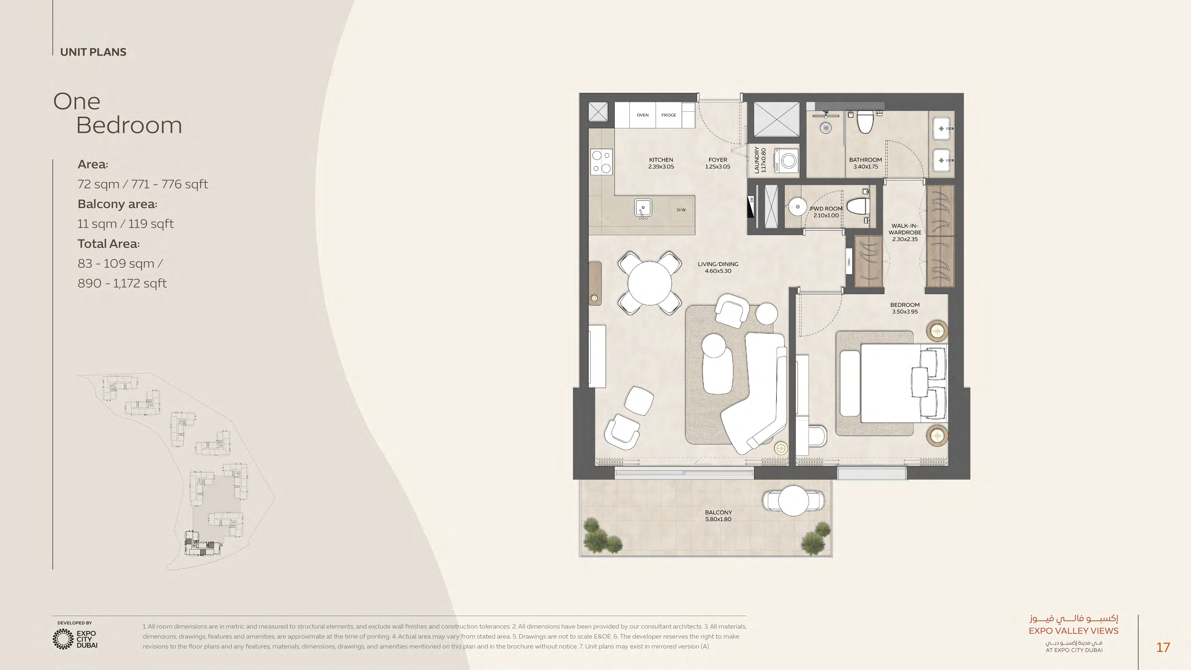 1 bedroom apartment floor plan at Expo Valley Views showing 72 sqm living area with 11-37 sqm balcony, 890-1,372 sqft total