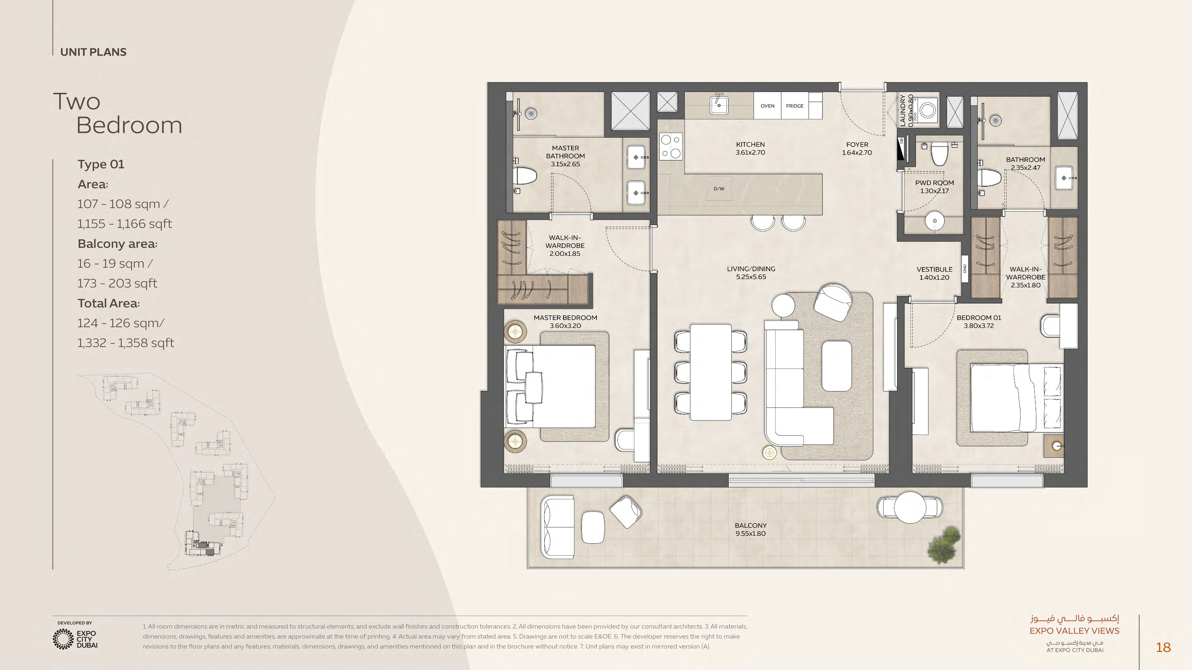 2 bedroom apartment floor plan at Expo Valley Views showing 107-137 sqm living area with balcony, 1,332-1,476 sqft total