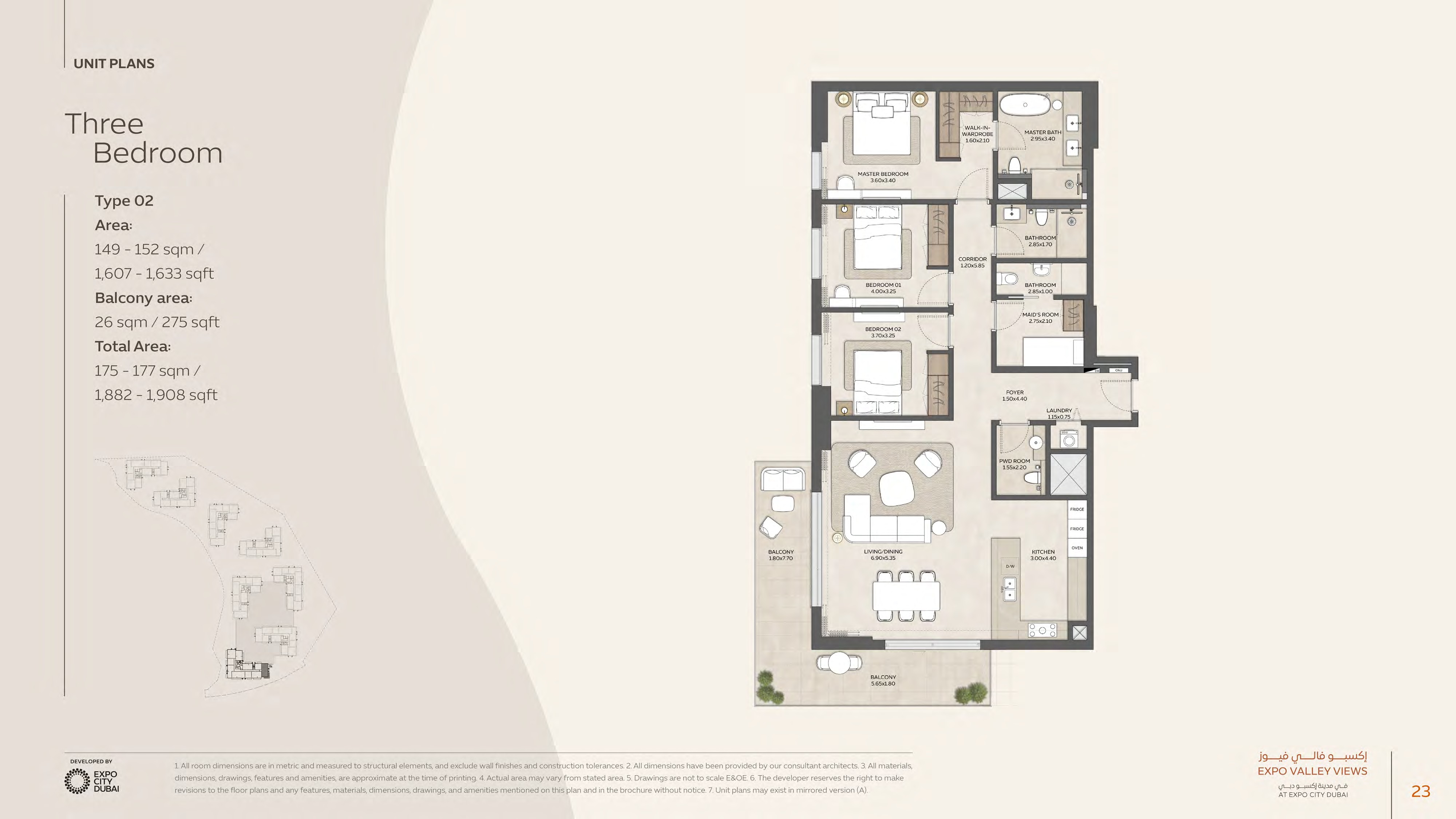 3 bedroom apartment floor plan at Expo Valley Views showing 149-177 sqm living area with 26 sqm balcony, 1,819-1,906 sqft total